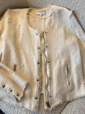IRO Women's Cream and White Knit Tweed Zip Up Jacket Blazer